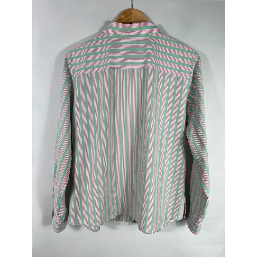 Foxcroft Women's 14P Shaped Fit Green Pink White Striped Long Sleeve Shirt - Picture 9 of 10